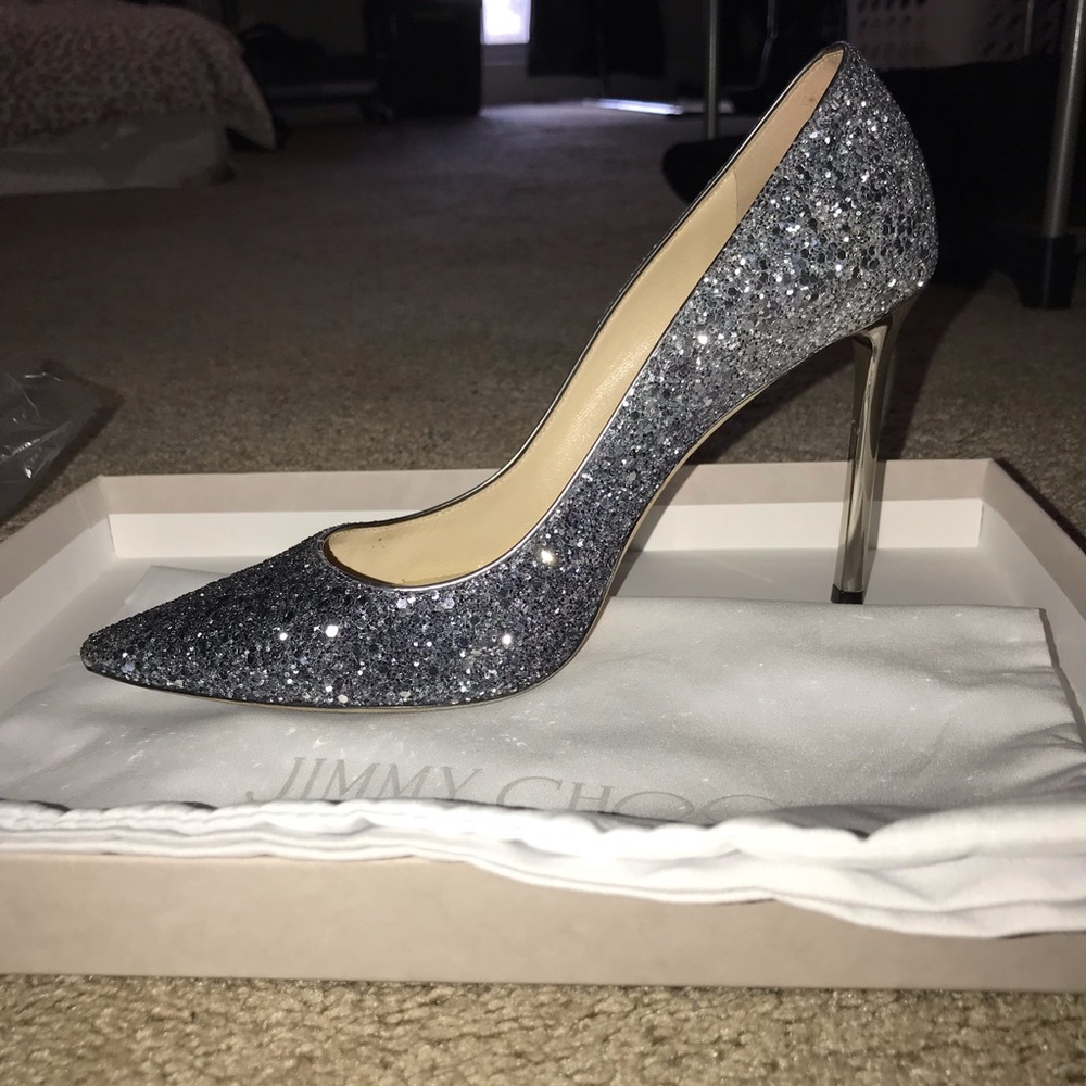 Jimmy Choo Romy 100 Navy & Silver Glitter Pumps